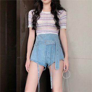 Short-sleeve Striped Knit Top / High-waist Denim Shorts
