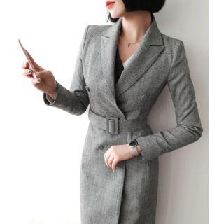 Double-breasted Checked Coat With Belt