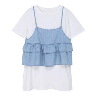 Set: Short-sleeve Plain T-shirt + Camisole Top