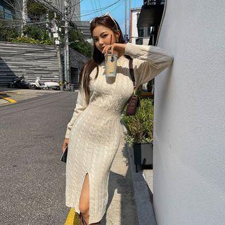 Wrap-back Cable-knit Midi Dress