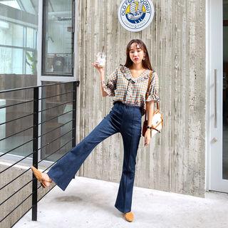 Band-waist Seam-trim Boot-cut Jeans