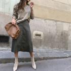 Pleather A-line Midi Skirt Khaki - One Size