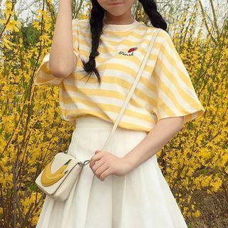Strawberry Embroidered Short-sleeve Striped T-shirt / Mini A-line Pleated Skirt / Set
