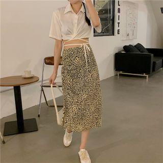 Elbow-sleeve Shirt / Leopard Print Midi Pencil Skirt