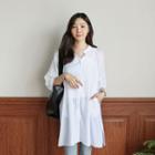 Mandarin-collar 3/4-sleeve Sheer Shirtdress