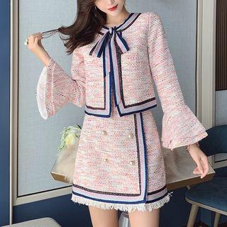 Set: Bell-sleeve Tweed Jacket + Mini Tweed A-line Skirt