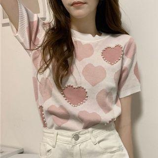 Short-sleeve Round-neck Heart Pattern Knit Top