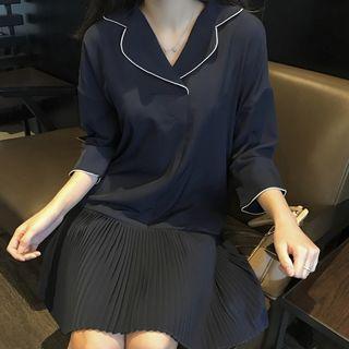 Pleated Hem 3/4 Sleeve A-line Dress