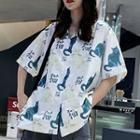 Elbow-sleeve Cat Print Shirt / Wide-leg Shorts / Set