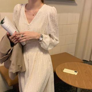 Long-sleeve V-neck Midi A-line Dress Almond - One Size