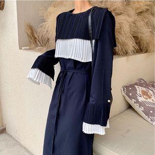 Color-block Long-sleeve Loose-fit Dress Navy Blue - One Size