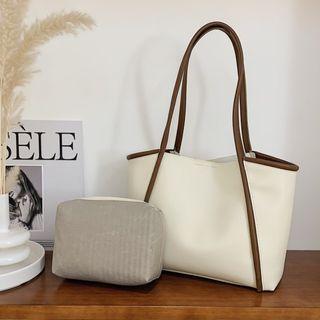 Set : Faux Leather Shoulder Bag + Pouch