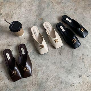 Faux Leather Square Toe Low Chunky Heel Mules