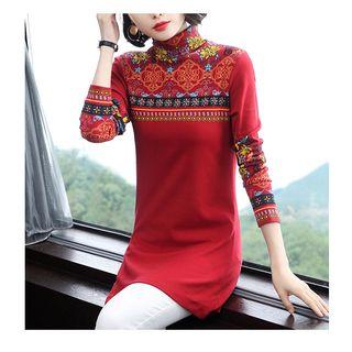 Turtleneck Flower Print Long-sleeve T-shirt
