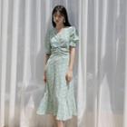 Shirred Ruffle-hem Long Floral Dress Mint Green - One Size