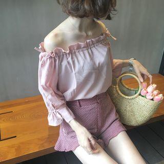 Plain Off-shoulder Loose-fit Short-sleeve Chiffon Blouse