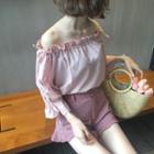 Plain Off-shoulder Loose-fit Short-sleeve Chiffon Blouse