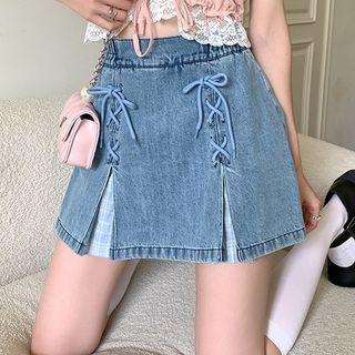 Lace-up Denim Mini A-line Skort