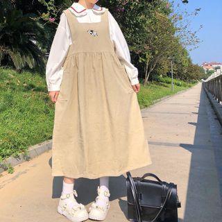 Long-sleeve Frill Trim Blouse / Embroidered Midi A-line Corduroy Pinafore Dress