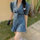 Short-sleeve Plaid Crop Shirt / Mini A-line Skirt