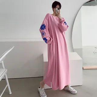 Flower-illustrated Long Oversize Sweatshirt Dress