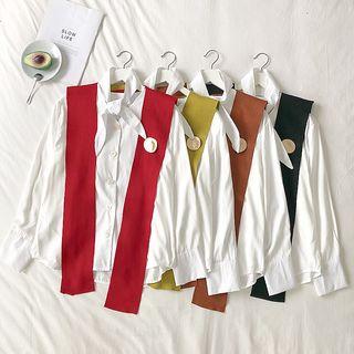 Set: Plain Tie-neck Shirt + Buttoned Cape