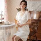Short-sleeve V-neck Lace Trim Mini A-line Sleep Dress