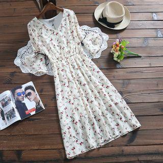 Short-sleeve Floral Chiffon A-line Midi Dress