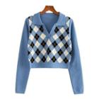 Long Sleeve V-neck Collar Argyle Print Crop Sweater