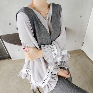 Set: Ruffle Sleeve Chiffon Top + Suspender Pants