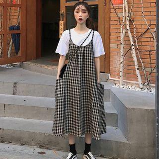 Short-sleeve T-shirt / Spaghetti Strap Midi Plaid Dress