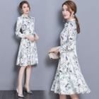 Stand-collar Long-sleeved Floral Print A-line Sheath Dress