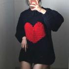 Heart Accent Chunky Knit Sweater Black - One Size