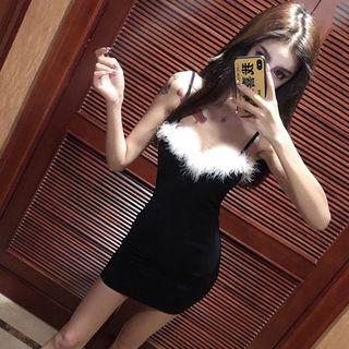 Spaghetti Strap Furry-trim Mini Bodycon Dress