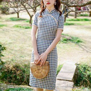 Short-sleeve Gingham Check Mini Qipao
