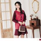 Beaded Button Long Sleeve Lace Panel A-line Dress