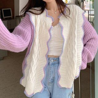Scallop Trim Paneled Cardigan Purple - One Size