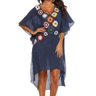Elbow-sleeve Crochet Knit Shift Dress