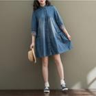 Ribbon Trim 3/4-sleeve Denim Shirt Dress