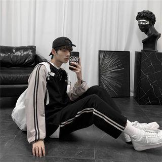 Long-sleeve Two-tone Pullover + High-waist Striped Sweatpants