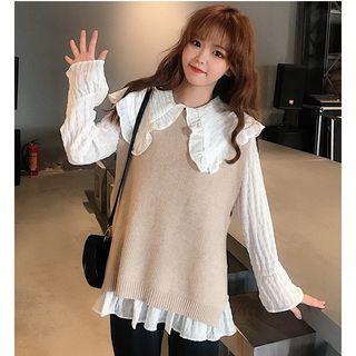 Frilled Collar Chiffon Blouse / Knit Vest