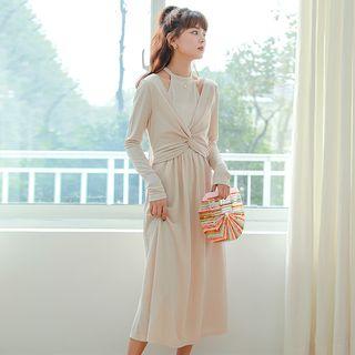 Mock Two Piece Long-sleeve Midi Knit Dress