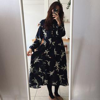 Floral Print Stand-collar Bell-sleeve Dress