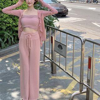 Strapless Top / Cardigan / High Waist Wide Leg Pants