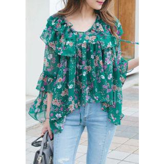 Shirred-trim Floral Print Top