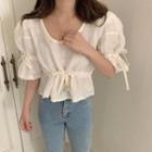Puff-sleeve Tie-cuff Drawstring Blouse White - One Size