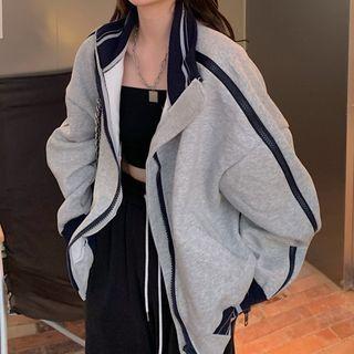 Stand Collar Two-tone Zip-up Jacket Gray - One Size