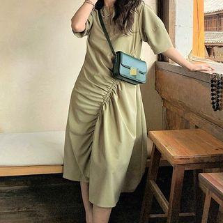 V-neck Plain Ruched Dress