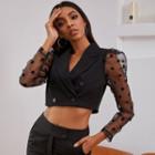 Long-sleeve Dotted Mesh Panel Cropped Top