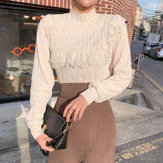 Mock-neck Lace-trim Textured Top